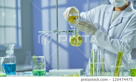 A template picture of a tea tree experiment in the modern lab, shows a front view of a scientist pouring solution from the flask into the erlenmeyer on the hanger. On the table is full lab equipment. A template picture of a tea tree experiment in the modern lab, shows a front view of a scientist pouring solution from the flask into the erlenmeyer on the hanger. On the table is full lab equipment. 120474475