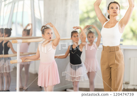 Girl students of choreographic school look at woman teacher and repeat movements after her Girl students of choreographic school look at woman teacher and repeat movements after her 120474739