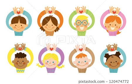 A set of upper body illustrations of various smiling children with their hands raised and holding hearts with their fingers 120474772