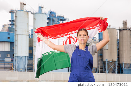 Distressed young woman holds the national flag of Iran 120475011