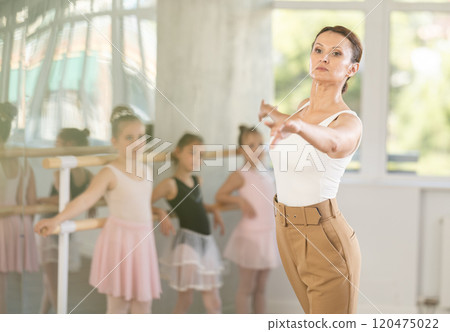 Children visitors to choreographic class, observe rendering of dance elements performances couch 120475022