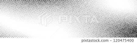 Grunge halftone background. Fading grit noise gradient texture. Black and white sand wallpaper. Anime or manga comic style overlay. Wide retro pixelated backdrop. Vector long halftone gritty print 120475400