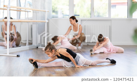 Little girls ballerinas learn to do the splits in dance class Little girls ballerinas learn to do the splits in dance class 120475421