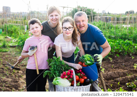 Happy family with fresh harvest in backyard garden 120475541