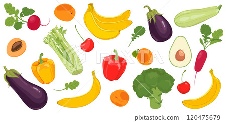 Set of natural fruits and vegetables. Vector farm products on white background. Radish, broccoli, zucchini, eggplant, banana, cherry, apricot, avocado, celery, bell pepper in cartoon style. Set of natural fruits and vegetables. Vector farm products on white background. Radish, broccoli, zucchini, eggplant, banana, cherry, apricot, avocado, celery, bell pepper in cartoon style. 120475679