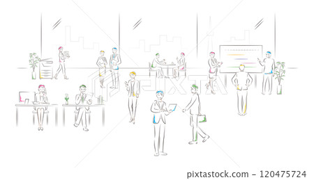 A set of illustrations of business workers working in an office 120475724