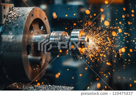 A machine is actively cutting metal, resulting in the production of sparks 120475837
