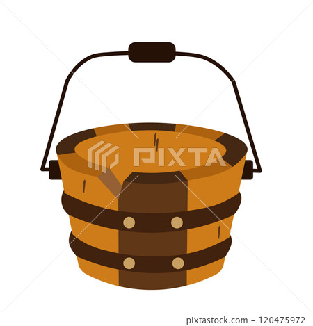 Illustration of a cracked and chipped wooden bucket 120475972