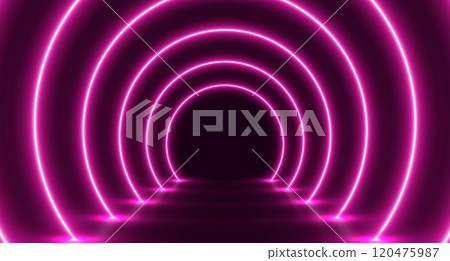Neon glowing arch tunnel, futuristic room with led corridor, modern background. 120475987