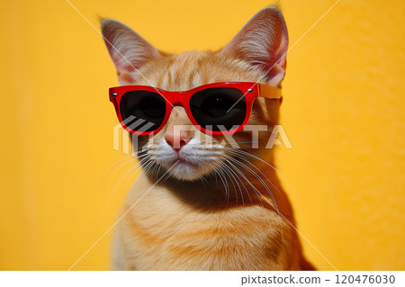 A stylish ginger cat wearing red sunglasses poses confidently against a bright yellow background in sunny lighting. A stylish ginger cat wearing red sunglasses poses confidently against a bright yellow background in sunny lighting. 120476030