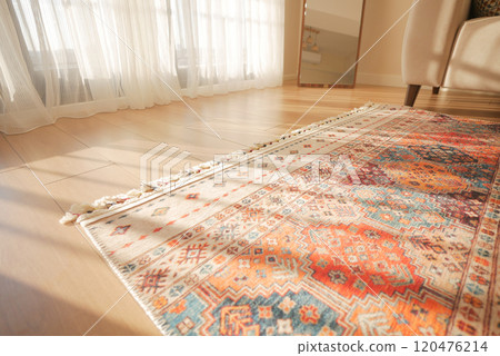 A vibrant geometric area rug enhances the sunlit ambiance of a modern living room space 120476214