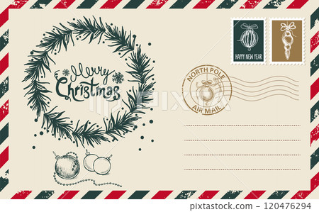 Christmas mail, postcard, hand drawn illustration. Christmas mail, postcard, hand drawn illustration. 120476294