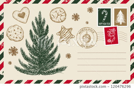 Christmas mail, postcard, hand drawn illustration.	 120476296