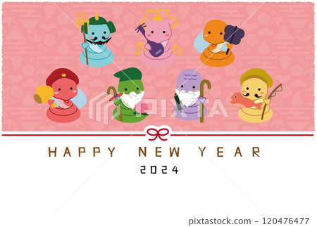 2025年新年賀卡水平多彩七福神水引背景粉紅色 2025年新年賀卡水平多彩七福神水引背景粉紅色 120476477