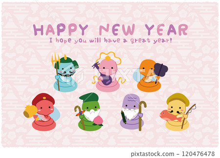 2025年新年賀卡橫式新年快樂七福神水引背景淺粉紅色 2025年新年賀卡橫式新年快樂七福神水引背景淺粉紅色 120476478