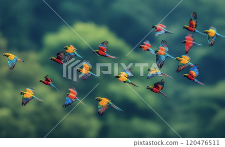 A flock of colorful birds flying in the sky 120476511