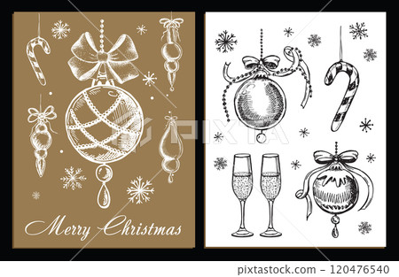 Christmas toy, ball, tree, set, Hand drawn illustration Christmas toy, ball, tree, set, Hand drawn illustration 120476540