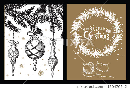 Christmas toy, ball, tree, set, Hand drawn illustration	 120476542
