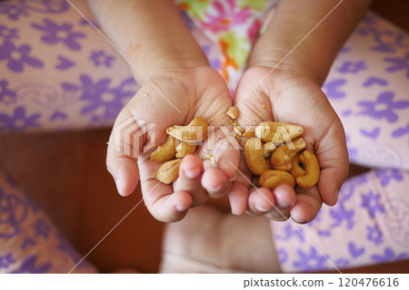 A Young Childs Hands Holding Delicious Cashew Nuts in a Colorful Display of Joy and Fun A Young Childs Hands Holding Delicious Cashew Nuts in a Colorful Display of Joy and Fun 120476616