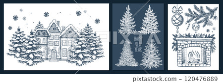 Christmas toy, house, tree, set, Hand drawn illustration	 120476889