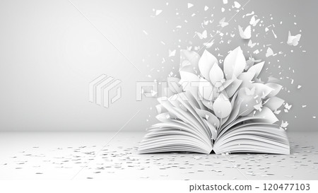 An open book from which paper leaves grow and paper butterflies fly out, copy space 120477103