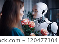 Blurred side view of female robot looking at her mannequin in flower shop 120477104