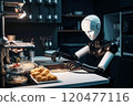 Blurred robot working in the kitchen. Concept of artificial intelligence and machine learning. 120477116