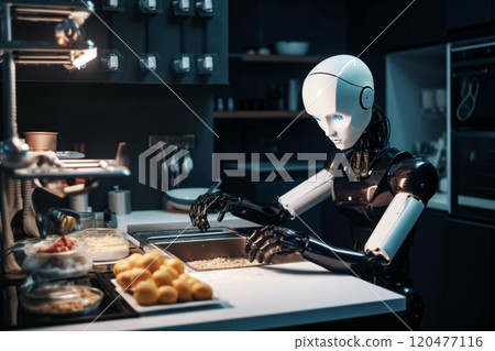 Blurred robot working in the kitchen. Concept of artificial intelligence and machine learning. 120477116