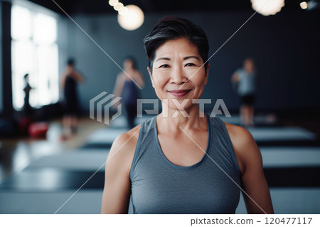 Portrait of smiling Asian woman standing on exercise mat in gym. Selective Focus 120477117