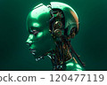 Blurred green robot head with gears on dark green background 120477119