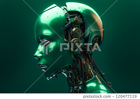 Blurred green robot head with gears on dark green background 120477119