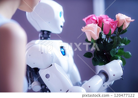 Blurred female robot holding bouquet of roses in her hands 120477122