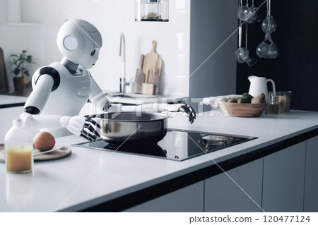 Blurred robot cooking in the kitchen. Concept of artificial intelligence and machine learning. Blurred robot cooking in the kitchen. Concept of artificial intelligence and machine learning. 120477124