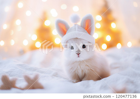 Cute little white rabbit on the bed with Christmas lights background. Selective Focus Cute little white rabbit on the bed with Christmas lights background. Selective Focus 120477136