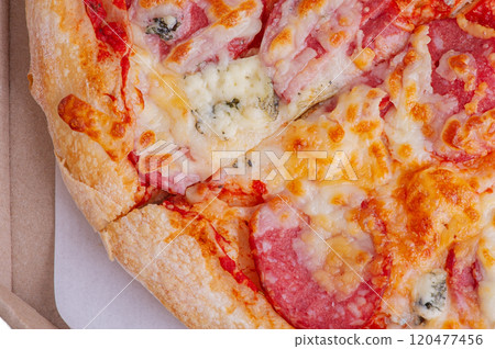 Pizza with salami and blue cheese Pizza with salami and blue cheese 120477456