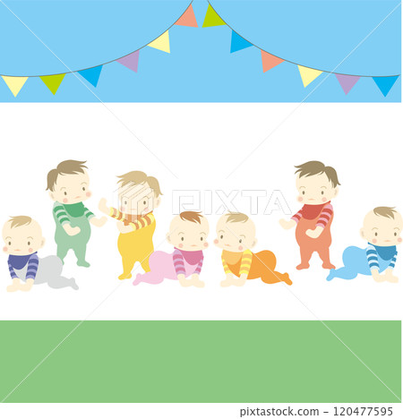 Multiracial babies standing, sitting and lying down 120477595