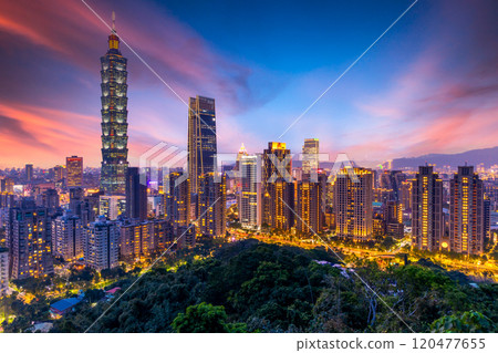 Taipei City skyline and skyscraper architecture, Taiwan, Taipei skyline skyscraper building at night lluminated, Xinyi, Taipei, Taiwan, Asia, Beautiful landmark Taiwan. 120477655