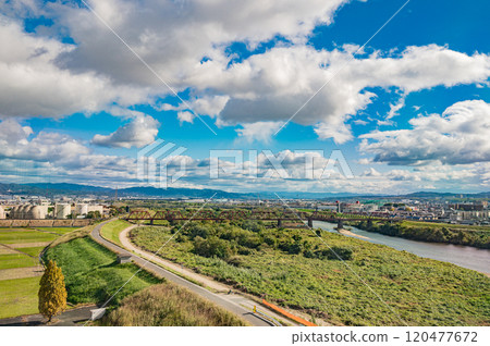 View of the Kizu River from the Sakura Deaikan Observatory, Yawata City, Kyoto Prefecture 120477672