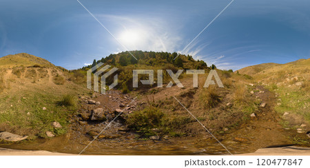 Spherical HDRi panorama of small mountain creek in autumnal valley between yellow foothills Spherical HDRi panorama of small mountain creek in autumnal valley between yellow foothills 120477847