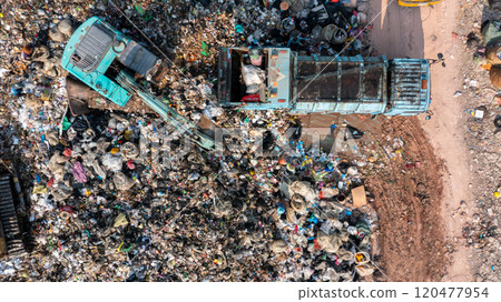 Aerial view garbage pile in landfill, Garbage pile in trash dump landfill, Truck waste dump and backho work waste household in waste landfill, Environment global warming. 120477954
