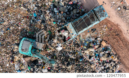 Aerial view garbage pile in landfill, Garbage pile in trash dump landfill, Truck waste dump and backho work waste household in waste landfill, Environment global warming. Aerial view garbage pile in landfill, Garbage pile in trash dump landfill, Truck waste dump and backho work waste household in waste landfill, Environment global warming. 120477955