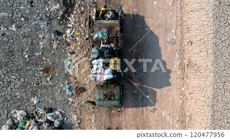 Aerial view garbage pile in landfill, Garbage pile in trash dump landfill, Truck waste dump and backho work waste household in waste landfill, Environment global warming. Aerial view garbage pile in landfill, Garbage pile in trash dump landfill, Truck waste dump and backho work waste household in waste landfill, Environment global warming. 120477956