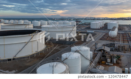 Industrial oil and gas storage tank at oil and gas depot terminal logistic industrial plant, Business logistic oil and gas storage tank chemical petroleum petrochemical refinery product industrial. Industrial oil and gas storage tank at oil and gas depot terminal logistic industrial plant, Business logistic oil and gas storage tank chemical petroleum petrochemical refinery product industrial. 120478447
