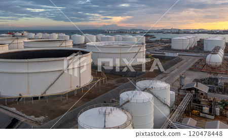 Industrial oil and gas storage tank at oil and gas depot terminal logistic industrial plant, Business logistic oil and gas storage tank chemical petroleum petrochemical refinery product industrial. Industrial oil and gas storage tank at oil and gas depot terminal logistic industrial plant, Business logistic oil and gas storage tank chemical petroleum petrochemical refinery product industrial. 120478448