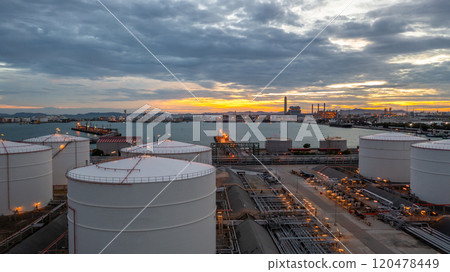 Industrial oil and gas storage tank at oil and gas depot terminal logistic industrial plant, Business logistic oil and gas storage tank chemical petroleum petrochemical refinery product industrial. 120478449