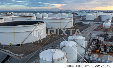 Industrial oil and gas storage tank at oil and gas depot terminal logistic industrial plant, Business logistic oil and gas storage tank chemical petroleum petrochemical refinery product industrial. Industrial oil and gas storage tank at oil and gas depot terminal logistic industrial plant, Business logistic oil and gas storage tank chemical petroleum petrochemical refinery product industrial. 120478450