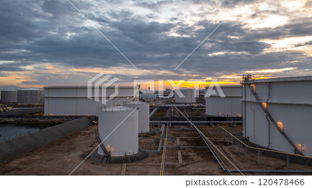 Industrial oil and gas storage tank at oil and gas depot terminal logistic industrial plant, Business logistic oil and gas storage tank chemical petroleum petrochemical refinery product industrial. Industrial oil and gas storage tank at oil and gas depot terminal logistic industrial plant, Business logistic oil and gas storage tank chemical petroleum petrochemical refinery product industrial. 120478466