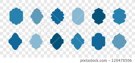 Shape Islamic Windows and arches. Set of Muslim frames in blue colors. Silhouettes of Arabic door. Traditional Vector illustration on transparent background 120478506