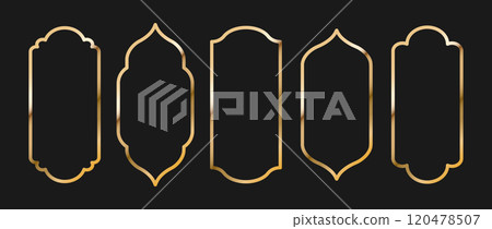 Islamic Door and Gate Shapes. Set of golden Arabic frames. Ramadan Kareem icons isolated on dark background. Vector illustration in oriental style Islamic Door and Gate Shapes. Set of golden Arabic frames. Ramadan Kareem icons isolated on dark background. Vector illustration in oriental style 120478507