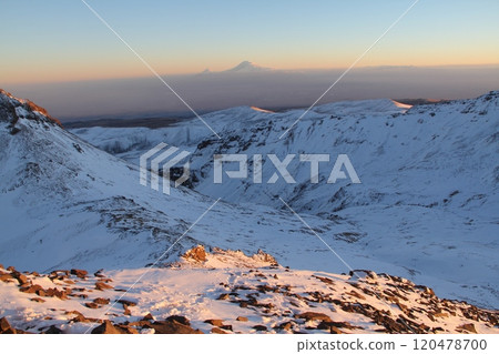Stunning Snowy Mountain Landscape with Clear Blue Sky and Prominent Peak in the Distance 120478700